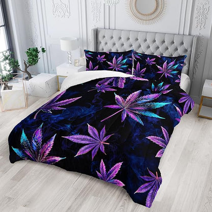 Marijuana Leaf Themed Comforter 3Pcs Queen Tie Dye Weed Leaves Herb Botanical Bedding Set for Kid Teen Girl Boy Adult Room Decor Fog Cannabis Leaves Quilt with 1 Comforter and 2 Pillowcases