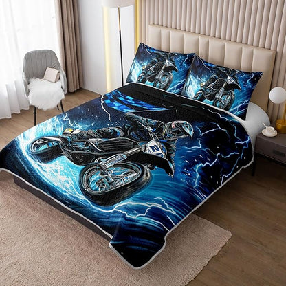 Blue Motorcycle Racing Motocross Rider Quilt Bedding Full 3Pcs Extreme Sport Flag Bed Set Thunder Lightning Pattern Bedspread Coverlet with 2 Pillowcases for Kid Boy Girl Teen Adult Room Decor