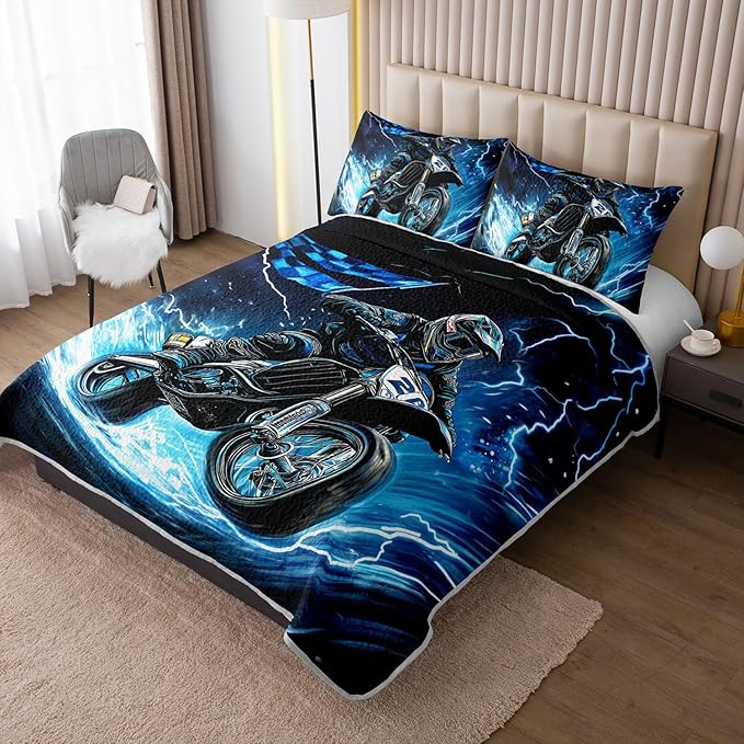 Blue Motorcycle Racing Motocross Rider Quilt Bedding Queen 3Pcs Extreme Sport Flag Bed Set Thunder Lightning Pattern Bedspread Coverlet with 2 Pillowcases for Kid Boy Girl Teen Adult Room Decor