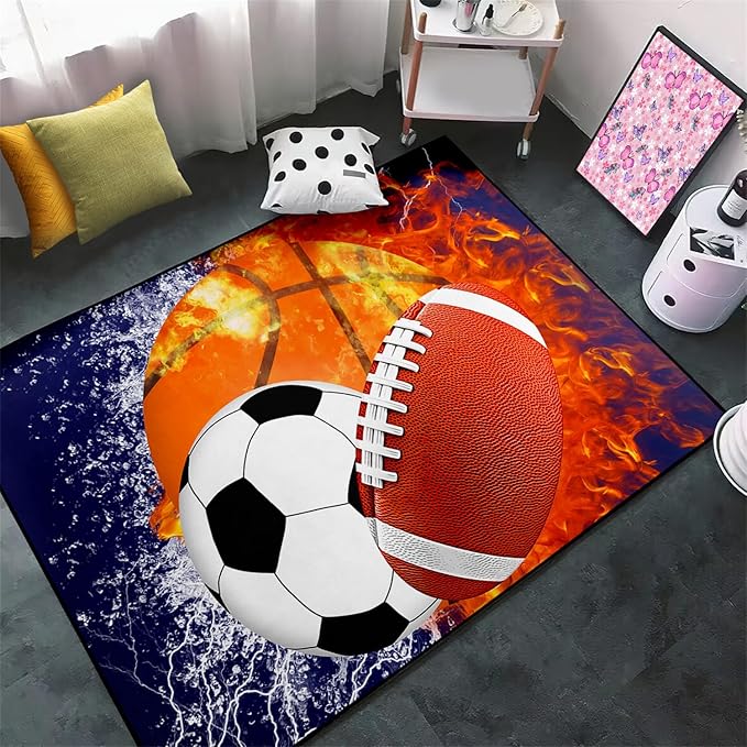 Sports Rugs for Boys Bedroom - Football & Soccer, Baseball,Basketball Rug for Boys Bedroom Sports Themed Water Flame Design Kids Carpet for Playroom Living Room Floor Mats, 4.5x6 Feet