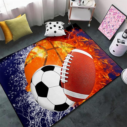 Sports Rugs for Boys Bedroom - Football & Soccer, Baseball,Basketball Rug for Boys Bedroom Sports Themed Water Flame Design Kids Carpet for Playroom Living Room Floor Mats, 4.5x6 Feet
