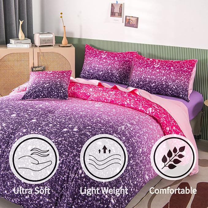RYNGHIPY 6Pcs Queen Gradient Pink Purple Glitter Comforter Sets for Teens Girls Kids, Colorful Rainbow Glitter Themed Bedding Set