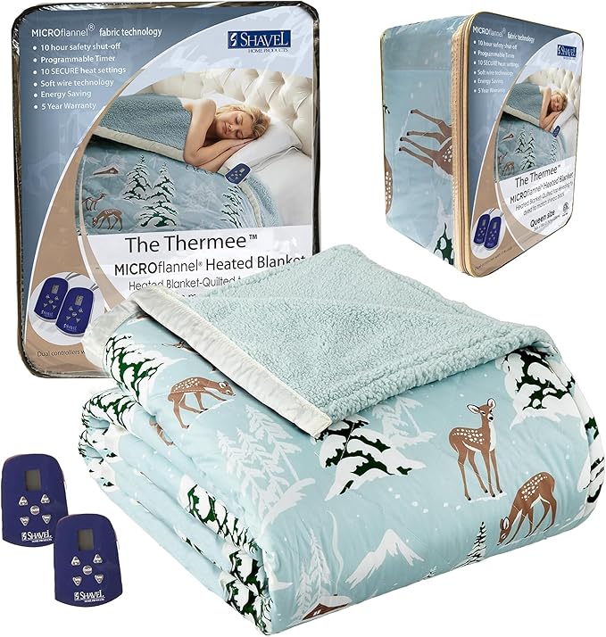 Thermee Micro Flannel Heated Blanket with Sherpa Back, 10-Setting Programmable Electric Blanket, Ultra-Soft Heated Throw - Queen Size, Winter Landscapes