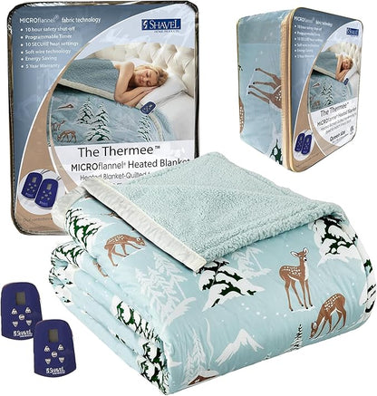 Thermee Micro Flannel Heated Blanket with Sherpa Back, 10-Setting Programmable Electric Blanket, Ultra-Soft Heated Throw - Queen Size, Winter Landscapes
