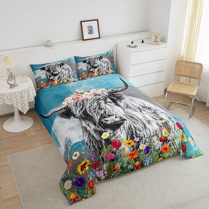 Feelyou Highland Cow Comforter Set Bull Cattle Floral Print Comforter for Kids Girls Teens Decor Cute Animal Wildlife Farmhouse Bedding Set Teal Grey Quilt Set with 2 Pillowcases 3Pcs Bedding Queen