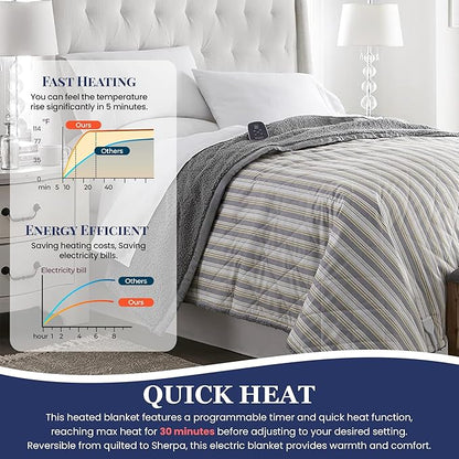 Thermee Micro Flannel Heated Blanket with Sherpa Back, 10-Setting Electric Blanket Queen Size, Programmable Heating Blanket, Ultra-Soft Heated Throw Blanket, Fast Heating Thermal Blanket-City Stripe