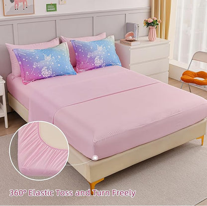 Menghomeus Girls Comforter Set Full Size 7 Pieces Bed in A Bag Ombre Pink Rainbow Bedding Set Dandelion Butterfly Print Kids Bedding Collections