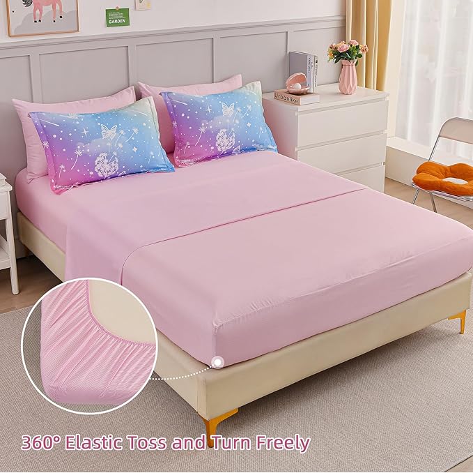 Menghomeus Girls Comforter Set Twin Size 5 Pieces Bed in A Bag Ombre Pink Rainbow Bedding Set Dandelion Butterfly Print Kids Bedding Collections