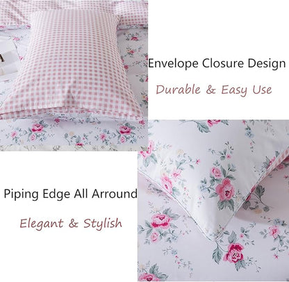 FADFAY Rose Duvet Cover Set Pink Floral Bedding Vintage Botanical Flower Quilt Cover Rustic Farmhouse Bedding 100% Cotton Comforter Cover with Hidden Zipper Closure 3Pcs, King/California King Size