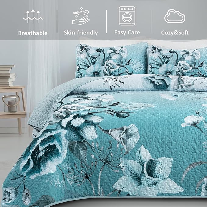 Blue Floral Quilt Set Queen 3 Pieces Boho Flower Quilt Coverlet Set Soft Microfiber Lightweight Floral Quilted Bedspread with 2 Pillow Shams for All Season 90"x96"