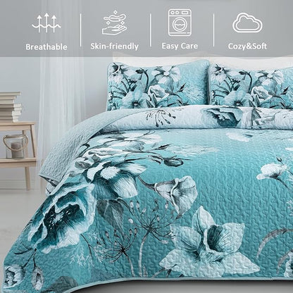Blue Floral Quilt Set King Size 3 Pieces Boho Flower Quilt Coverlet Set Soft Microfiber Lightweight Floral Quilted Bedspread with 2 Pillow Shams for All Season 90"x104"