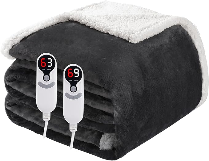Electric Heated Blanket Queen Size 84"x90", Soft Flannel with Dual Controllers & Overheat Protection, 6 Adjustable Heat Settings & 10-Hour Auto-Off Timer, Fast Heating for Winter Comfort, Dark Gray