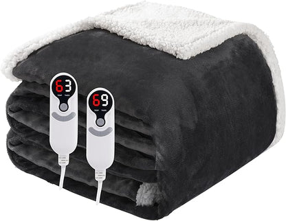 Electric Heated Blanket Queen Size 84"x90", Soft Flannel with Dual Controllers & Overheat Protection, 6 Adjustable Heat Settings & 10-Hour Auto-Off Timer, Fast Heating for Winter Comfort, Dark Gray