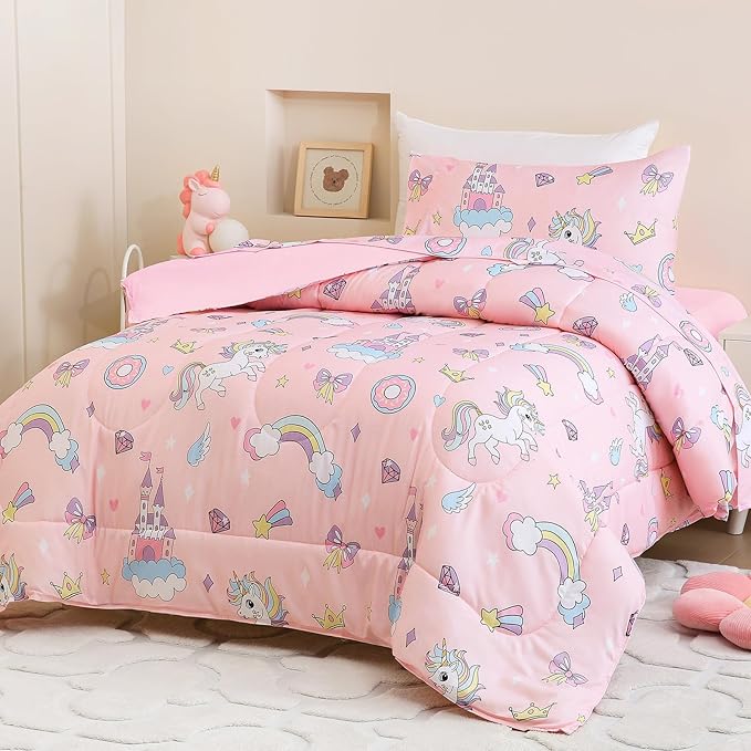 Twin Comforter Set for Kids, Boys, Girls, 4 Pieces Bed-in-a-Bag Bedding Set, All Season Ultra Soft Sheets Set with Comforter, Pink Unicorn