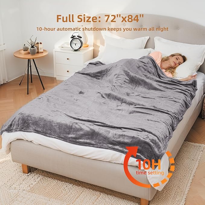 Electric Blanket Full Size 72" x 84" Flannel Heated Blanket,10 Hours Timer Auto-Off,4 Heating Levels, for Bedroom Office Couch, Grey