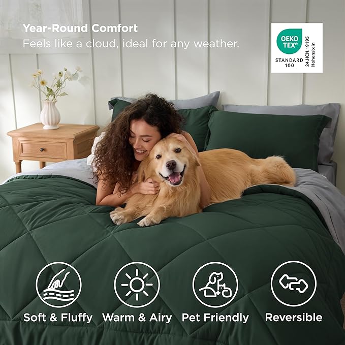 Bedsure Twin Comforter Set - 5 Pieces Reversible Forest Green Bedding, Twin Size Bed Set for All Seasons, Bed in a Bag with Down Alternative Comforter, Sheets, Pillowcase & Sham