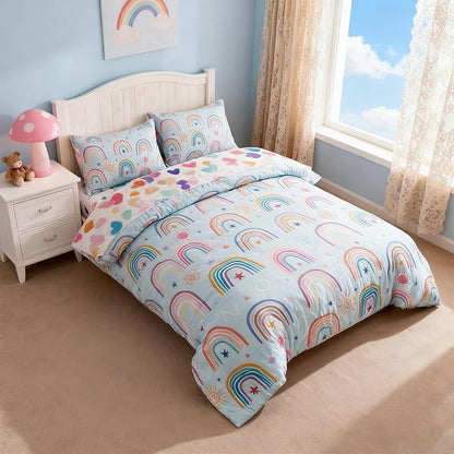 Holawakaka Boho Rainbow Full Comforter Set with Sheets, 5-Piece Bohemian Love Heart Star Bedding Set for Girls & Women - Super Soft Microfiber Kids Teen-Girls Full Size Blue Reversible Bed in A Bag