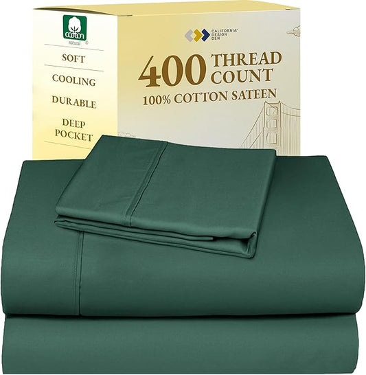 California Design Den Twin XL Sheet Sets - 400 Thread Count Sateen, 100% Cotton Sheets Set, Deep Pockets, and Durable Bedding for Dorm Rooms & Adults - Hunter Green