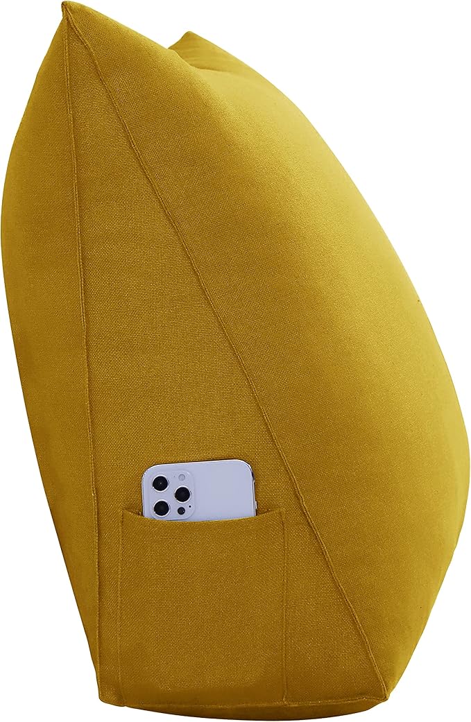 Cotton Linen Daybed Pillow Large Filled Triangular Soft Headboard Wedge Cushion Bed Backrest Positioning Support Reading Pillow for Adult Shoulder Lumbar Leg Bolster（Yellow, Small）