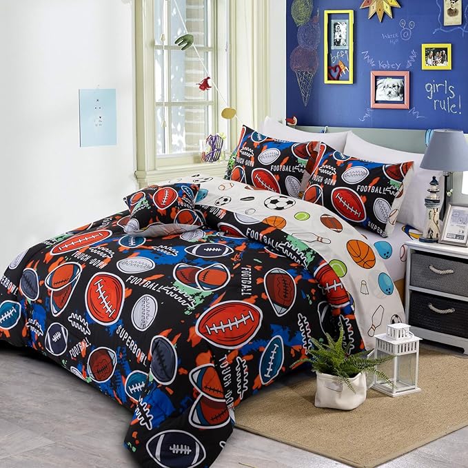 A Nice Night 6Pcs Bed in A Bag Twin Sports Comforter Set, Camouflage Patterns of Rugby Bedding Collections,for Boys Kids Teen,Red Black