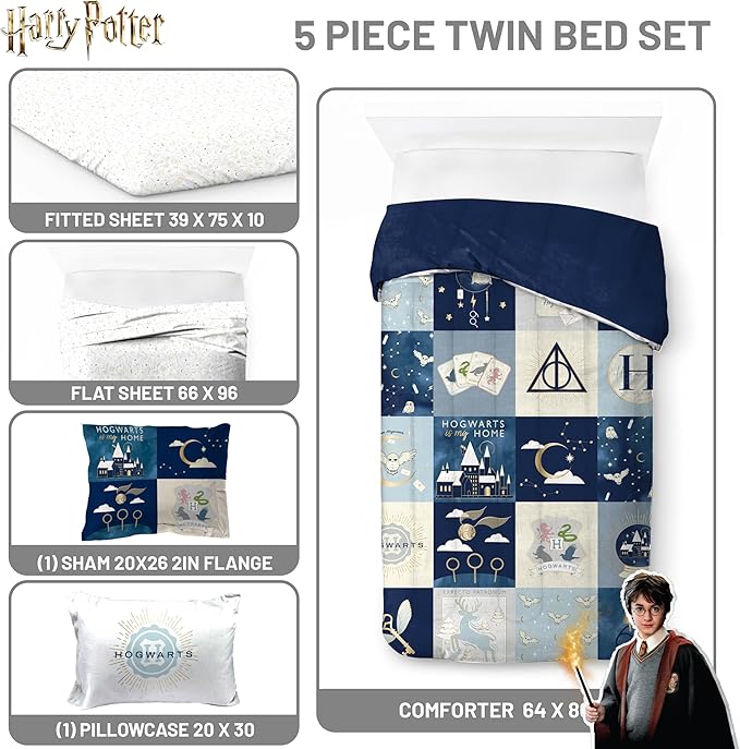 Jay Franco Kids Comforter Set Includes Sheets and Pillow Covers - Soft and Cozy Bed Set for Stylish Room Decor, Multi - Harry Potter, 5 Piece Twin Size Bedding