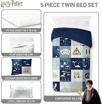 Jay Franco Kids Comforter Set Includes Sheets and Pillow Covers - Soft and Cozy Bed Set for Stylish Room Decor, Multi - Harry Potter, 5 Piece Twin Size Bedding