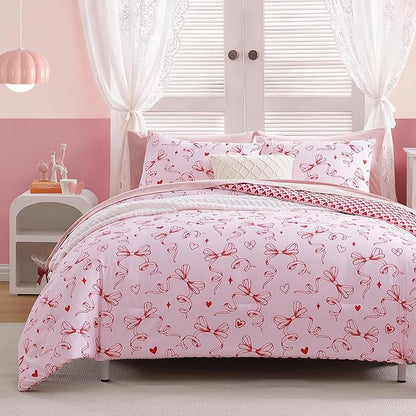Full Size Comforter Set for Girls, Red Bow Bedding Set Reversible with Cute Heart, All Season Kids Bed in a Bag 7 Pieces with Sheets, Pillowcases & Shams
