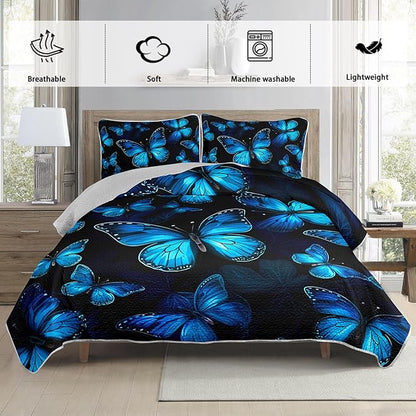 Twin Size Quilt Set,Blue Butterfly Botanical Pattern Bedding Set,3 Piece Lightweight Soft Summer Quilted Bed with 2 Pillowcases for All Season.