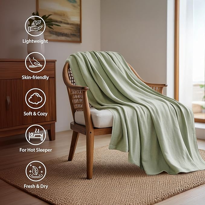 Twin Size Blanket, 70% Rayon (Derived from Bamboo) and 30% Cotton, Lightweight Jacquard Weave, Breathable and Soft Summer Blanket for Bed or Couch, 66” x 90”, Sage Green
