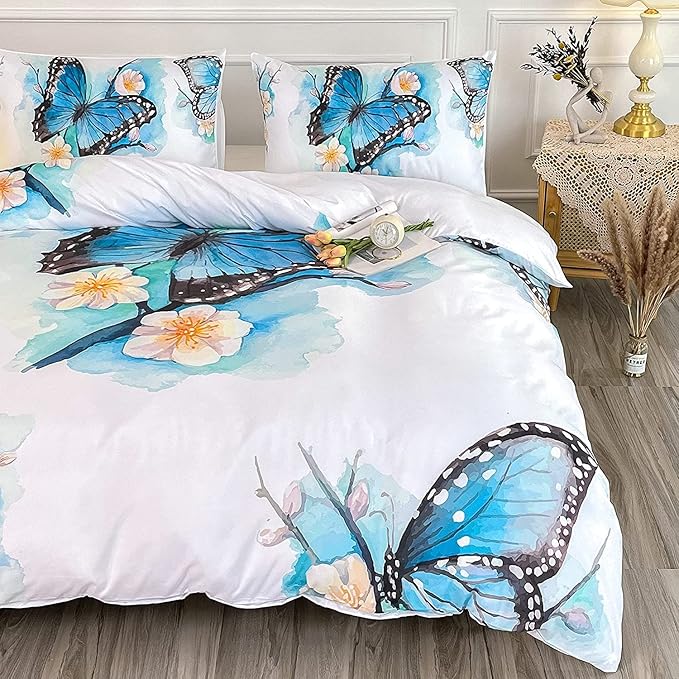 CVHOUSE Butterfly Duvet Cover King Size,Blue Watercolor Butterfly Bedding Set,Butterfly Comforter Cover for Girls Kids Teens,1 Duvet Cover 2 Pillowcases 3 Piece