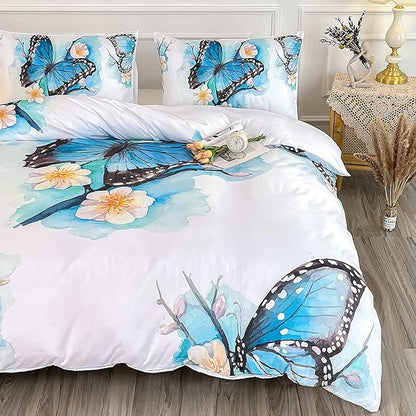 CVHOUSE Butterfly Duvet Cover Twin Size,Blue Watercolor Bedding Set,Butterfly Comforter for Girls Kids Teens,1 2 Pillowcases 3 Piece Twin 71'x87'