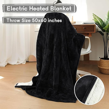 Heated Blanket Electric Throw 50''x60'', 3 Hour Auto Shut-Off 5 Heating Levels Small Warm Soft Flannel Electric Blanket Machine Washable - Black