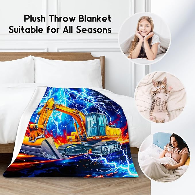 Kids Blanket Gifts, Excavator Blankets for Boys, Construction Truck Throw for Kids, Soft Plush Throw for Car Lovers, 60"x80"