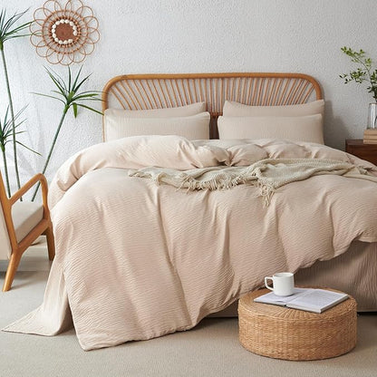 Duvet Cover King Beige, Luxury Brushed Microfiber Double-Layer Crinkle Gauze Beige King Duvet Cover, 3 Pieces Bedding for All-Season, Soft Breathable with Zipper Closure (No Comforter)