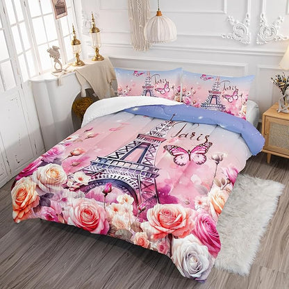 Paris Eiffel Tower Comforter 3Pcs Butterfly Bedding Full Tie-Dyed Rose Star Bedding Set for Kid Teen Girl Boy Adult Bed Decor Colorful Flora Quilt with 1 Comforter and 2 Pillowcases