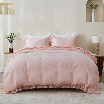 Simple&Opulence Kids 100% Organic Cotton Queen Duvet Cover Ruffle 3Pcs(1 Comforter Cover 2 Pillowcases) Cute Lace Vintage Boho Shabby Chic Farmhouse Bedding Set Teen Girls(Peach Pink,Queen)