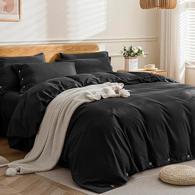 JELLYMONI Cotton Duvet Cover Full Size - Pure Black Comforter Cover with Button 100% Washed Cotton 3PCS Breathable Soft Solid Bedding Set Duvet Cover 80×90in & 2 Pillowcases (NO Comforter)