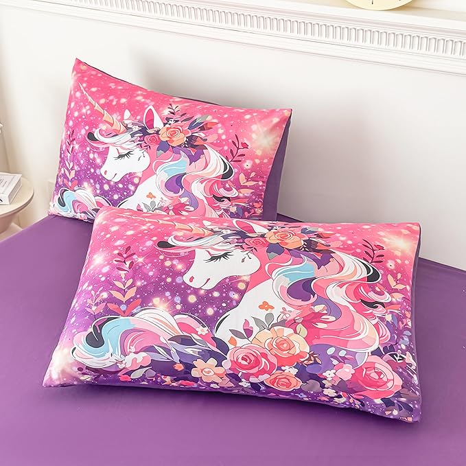 Peopleareok Unicorn Comforter Set Queen for Girls, 5-Piece Bed in a Bag Cute Pink Purple Unicorn Print Bedding Set Queen, Kids Cartoon Kawaii Comforter with Sheet Set