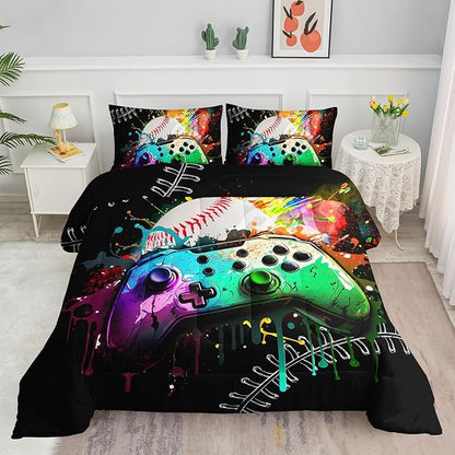 Kids Comforter Set Gamepad Baseball Printed Pattern Bedding Set with 1 Comforter and 2 Pillowcases for Girls Boys Bedroom All Season(Gamepad Baseball Twin)