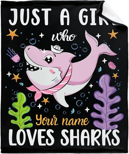 Custom Just A Girl Who Loves Sharks Blankets Gifts for Kids Adult On Bed Sofa,Personalized Premium Flannel Blankets for Birthday Christmas Thanksgiving All Season Use 50''x 60'' -M