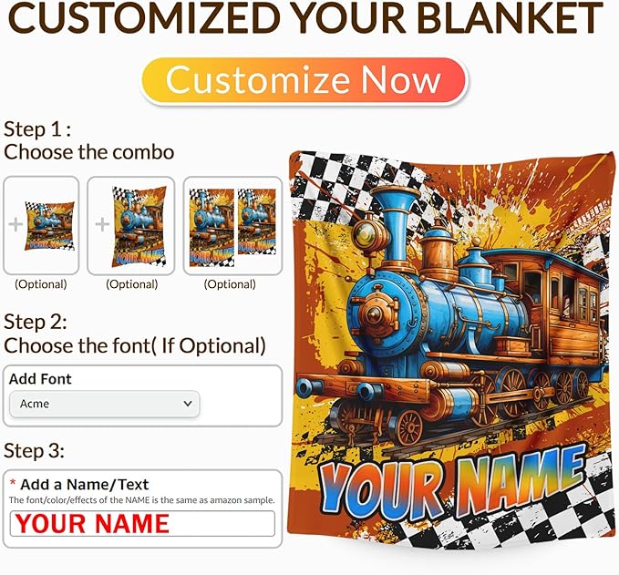 Boys Blanket Gifts Personalized Train Blankets for Kids Teens Adults - 60" x 80" Custom Name Cool Car Themed Soft Lightweight Flannel Throws for Couch, Sofa, Bedroom Decor
