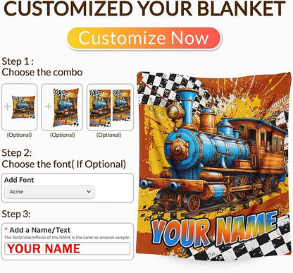 Boys Blanket Gifts Personalized Train Blankets for Kids Teens Adults - 60" x 80" Custom Name Cool Car Themed Soft Lightweight Flannel Throws for Couch, Sofa, Bedroom Decor