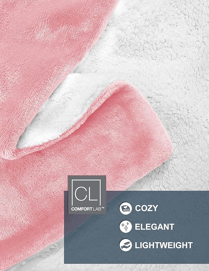 Comfort Lab Reversible Flannel Sherpa Throw Blanket - Elegant Fluffy Throw Blankets for Couch and Home Decor - Anti Pilling Non Shedding Cozy & Warm Fleece Throws - Oversize Throw (60" x 70") - Blush
