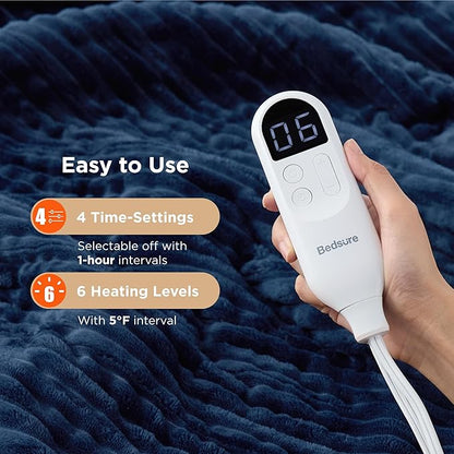 Bedsure GentleSoft Heated Blanket Electric Throw - Soft Ribbed Flannel Electric Blanket, Heating with 4 Time Settings, 6 Heat Settings, and 3 hrs Timer Auto Shut Off, Gifts for Grandma (50"x60", Navy)