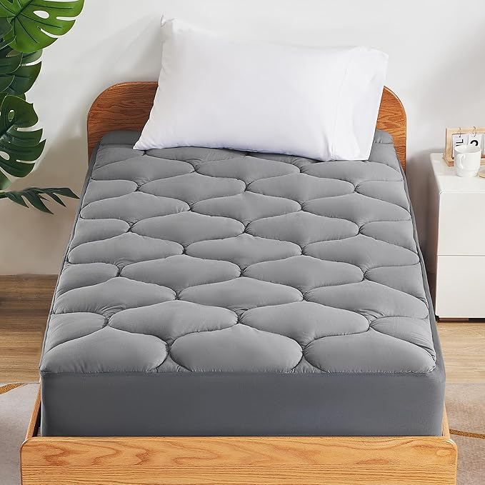 SLEEP ZONE Bedding Quilted Fitted Twin Mattress Pad Cover, Soft Fluffy Pillow Top Bed Mattress Topper Deep Pocket 8-21 inch, Washable (Grey, Twin)