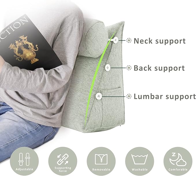 Adjustable Triangle Wedge Reading Pillow Neck Back Support Throw Pillow with Bolster for Sitting Up in Bed Daybed or on Sofa Reading Couch with Removable Linen Cover 24x8x20 Inch Off-White