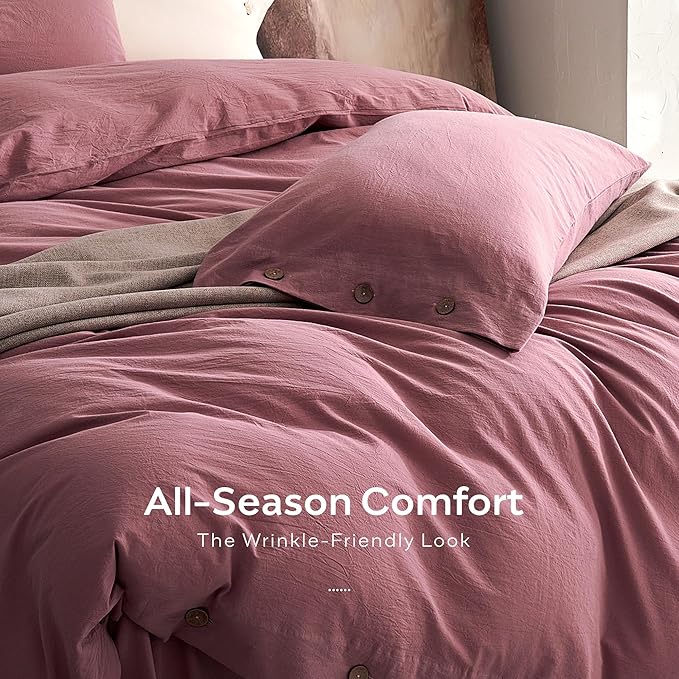 JELLYMONI 100% Washed Cotton Duvet Cover Queen – Soft, Breathable Linen-Look Bedding with Natural Wrinkle Texture, Button Closure, 3-Piece Set (Deep Rose, 90"x90")
