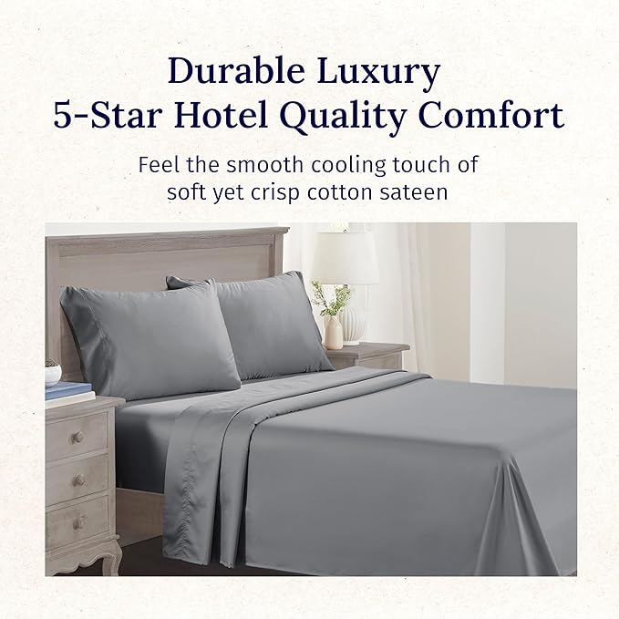California Design Den Luxury Twin XL Sheet Set - 100% Cotton, 600 Thread Count Deep Pocket XL Twin Sheets, Hotel-Quality Bedding with Soft Sateen, Dorm Essentials for Guys - Mist Grey
