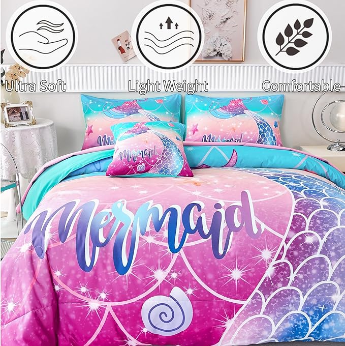 RYNGHIPY Kids Girls Comforter Set 6Pcs, Mermaid Bed in a Bag Queen Size, Fish Tail Print Teens Girls Bedding Set, Rainbow Bedding Collections