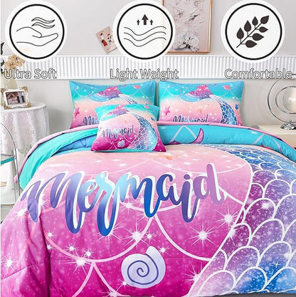 RYNGHIPY Kids Girls Comforter Set 6Pcs, Mermaid Bed in a Bag Queen Size, Fish Tail Print Teens Girls Bedding Set, Rainbow Bedding Collections